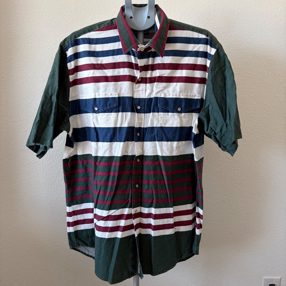 90s‎ Vtg Roper Mens Western Pearl Snap Striped Short Sleeve Shirt XL Green Multi